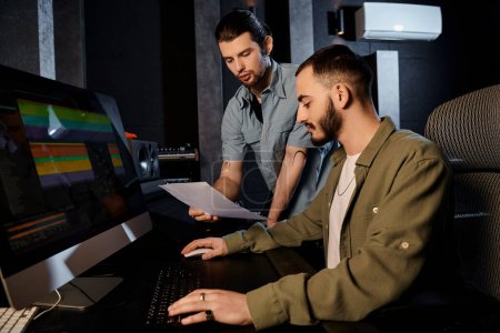 Dos hombres están colaborando en una computadora en un estudio de grabación, trabajando en la música para su ensayo de la banda.