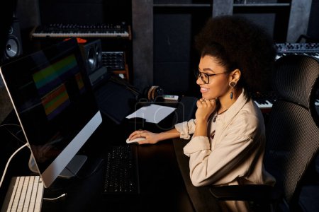 Eine Frau, die während einer Bandprobe in einem Aufnahmestudio Musik am Computer bearbeitet.