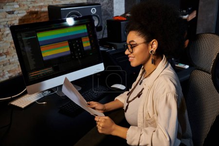 A woman in a recording studio sits in front of a computer, focusing on mixing music for a band rehearsal.