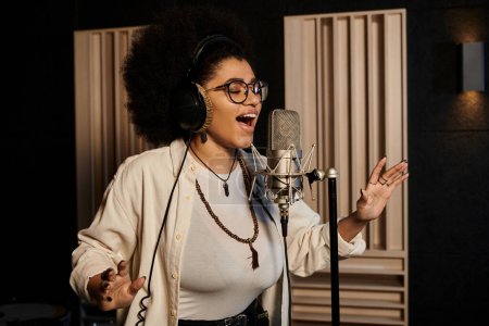 Photo for A woman passionately sings into a microphone in a recording studio during a music band rehearsal. - Royalty Free Image