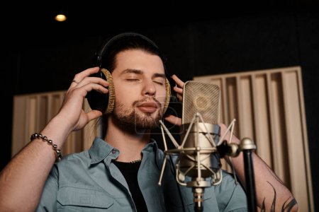 A man immersed in music, wearing headphones, mixing tracks in a recording studio during a music band rehearsal session.