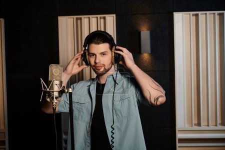 Foto de Un hombre escucha intrincadamente a través de auriculares en un estudio de grabación durante un ensayo de la banda de música. - Imagen libre de derechos