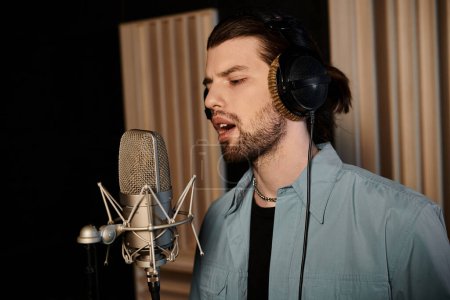 Foto de Un hombre derrama su corazón mientras canta en un micrófono en un estudio de grabación durante un ensayo de la banda de música. - Imagen libre de derechos
