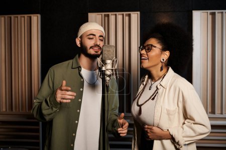 A man and woman passionately sing together in a recording studio, creating beautiful harmonies for their music band rehearsal.