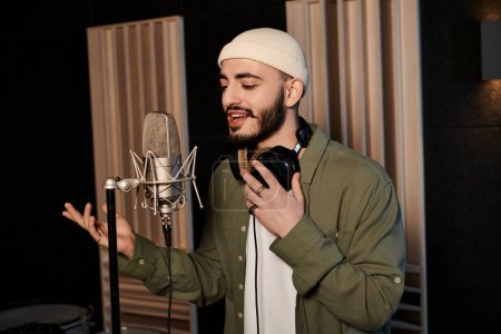 A male artist passionately sings into a microphone, capturing the essence of his emotions in a recording studio.