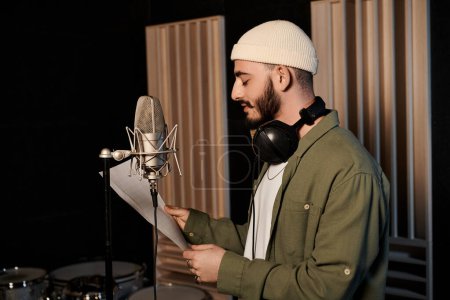 A man in a recording studio holds a sheet of paper, preparing to add his lyrics to the music bands rehearsal session.