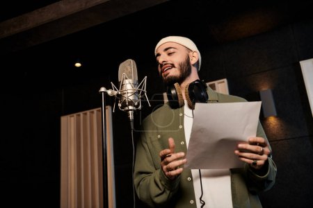 Un homme se tient en confiance devant un microphone, prêt à enregistrer sa voix pour une répétition d'un groupe de musique dans un studio d'enregistrement.