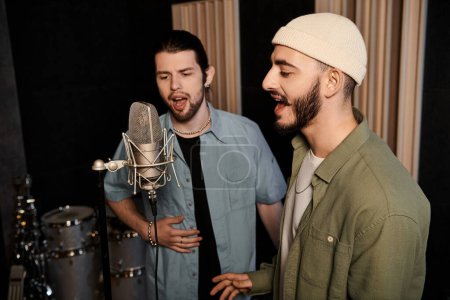 Two men share a passionate performance, singing into a microphone during a music band rehearsal in a recording studio.