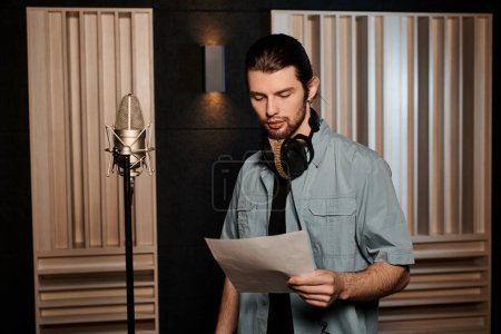 Un hombre en un estudio de grabación estudiando una hoja de papel durante un ensayo de la banda de música.