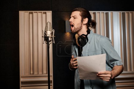 Foto de Un hombre talentoso canta apasionadamente en un micrófono en un estudio de grabación durante un ensayo de la banda de música. - Imagen libre de derechos