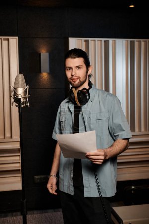Man in recording studio, engrossed, holding paper with lyrics for music band rehearsal.