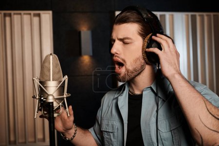 A man passionately sings into a microphone in a bustling recording studio during a music band rehearsal.
