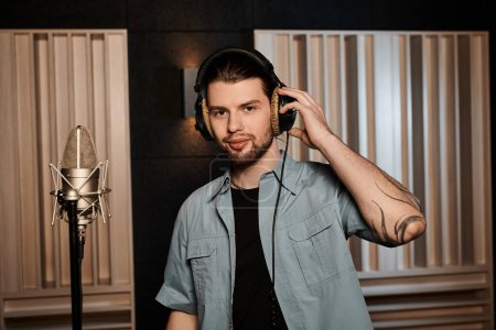 Foto de Un músico en un estudio de grabación con auriculares mientras trabaja en música para un ensayo de la banda. - Imagen libre de derechos