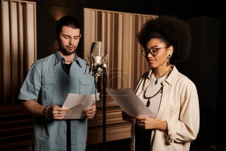 Un homme et une femme se tiennent en confiance devant un microphone dans un studio d'enregistrement, prêts à mettre en valeur leurs talents musicaux.