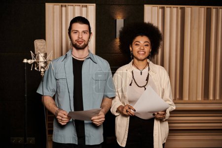 Two musicians standing at microphone, engaging in harmonious sound creation during band rehearsal in recording studio.