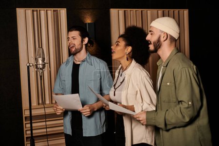 Tres individuos cantan apasionadamente en un estudio de grabación durante un ensayo de la banda de música.