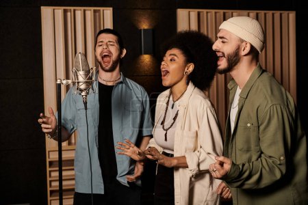 A diverse group of musicians passionately singing together in a vibrant recording studio during a band rehearsal session.
