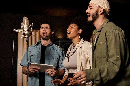 A diverse music band rehearses in a recording studio, pouring their hearts into a soulful song.