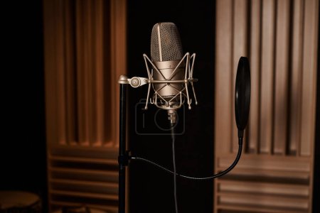 Un microphone se tient debout dans un studio d'enregistrement, prêt à capturer les airs émouvants d'un groupe de musique pendant une répétition.