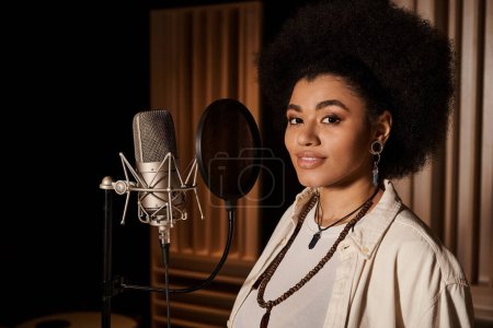 Une femme aux cheveux volumineux se tient en confiance dans un studio d'enregistrement, chantant passionnément dans un microphone.