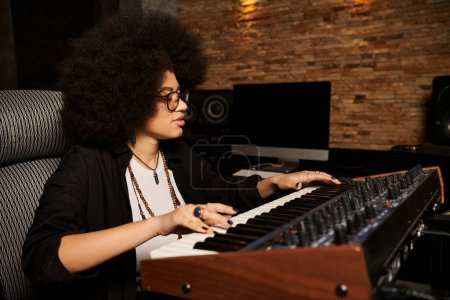 A talented woman plays a keyboard in a recording studio during a music band rehearsal.