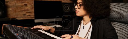 A woman with glasses passionately playing the keyboard in a recording studio during a music band rehearsal.