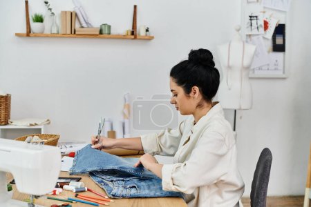 Eine Frau in Freizeitkleidung veredelt Kleidung mit einer Nähmaschine.