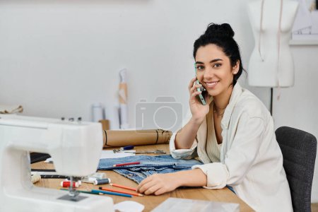Mujer joven upcycling ropa con máquina de coser en la mesa.