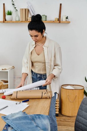 Junge Frau Upcycling-Kleidung an einem Holztisch, umarmt umweltfreundliche Mode.