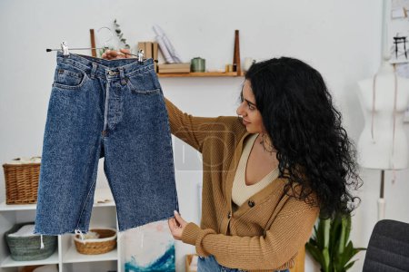 Frau bringt Jeans kreativ auf Vordermann und präsentiert nachhaltige Mode.