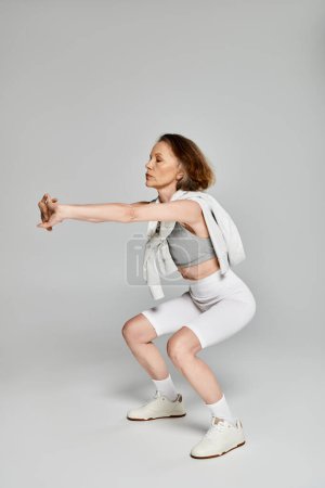 Woman in comfy attire squatting gracefully on a white background.