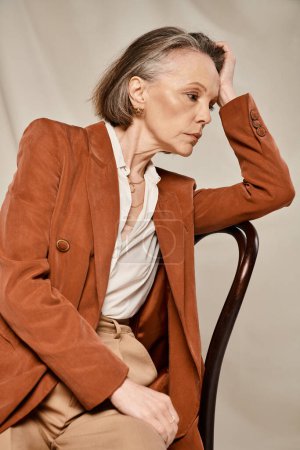 Una mujer mayor con una chaqueta bronceada sentada con gracia en una silla.