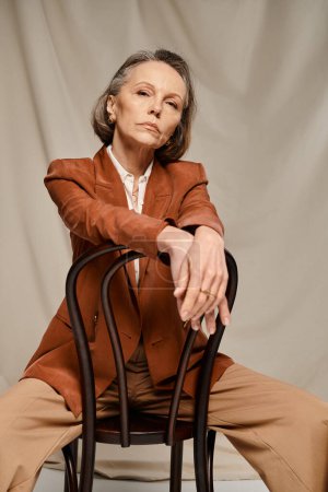 Mature, attractive woman lounging on chair in brown blazer and tan pants.