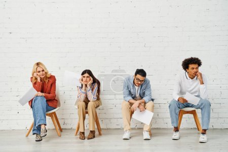 A diverse group of people sitting in front of a blank white wall, striking poses and engaging in conversation.