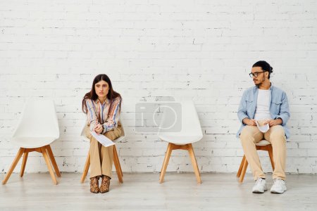 Foto de Diverso grupo sentado en sillas, preparándose para entrevistas de trabajo. - Imagen libre de derechos
