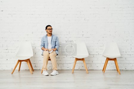 Photo for A man sits in a row of chairs against a white brick wall. - Royalty Free Image