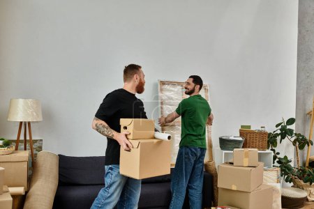 Téléchargez les photos : A gay couple stands in their new living room surrounded by moving boxes, embracing their fresh start with love and excitement. - en image libre de droit