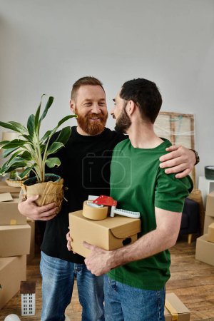 A gay couple, surrounded by moving boxes, stands close together in their new home, filled with excitement for their fresh start.