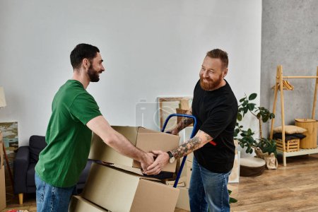 A gay couple in love energetically move boxes in a vibrant living room, starting a new chapter together.