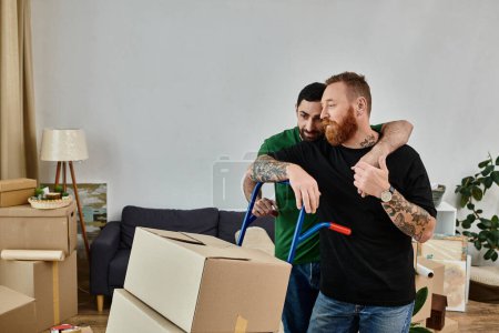 Two men, a gay couple, stand together in their new living room surrounded by moving boxes, embracing a fresh start.