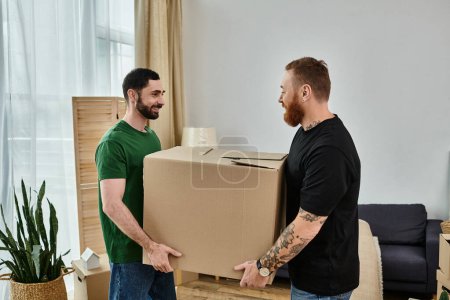 A loving gay couple stands together in a new living room surrounded by moving boxes, starting a new chapter.