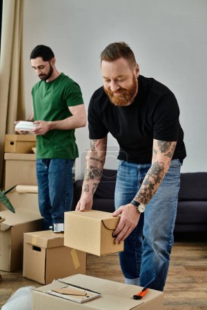 A gay couple in love unpacking boxes in their new living room, beginning a new chapter in their lives together.