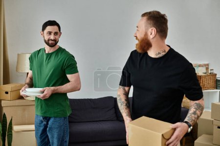 Two men, a gay couple, unpacking boxes in their living room of a new home, beginning a new chapter in their life together.