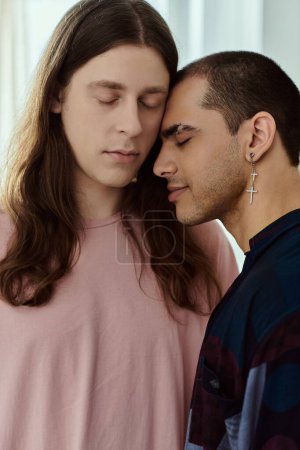Photo for A gay couple, dressed casually, stand side by side, radiating love and togetherness. - Royalty Free Image