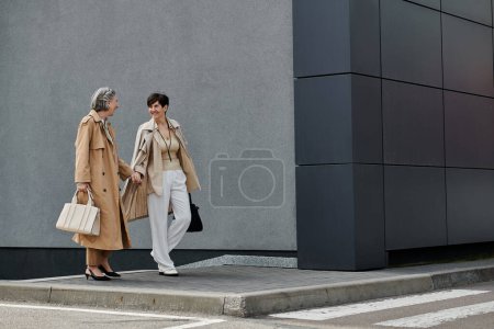 Zwei schöne Frauen, ein reifes lesbisches Paar, gehen Hand in Hand eine Straße entlang.