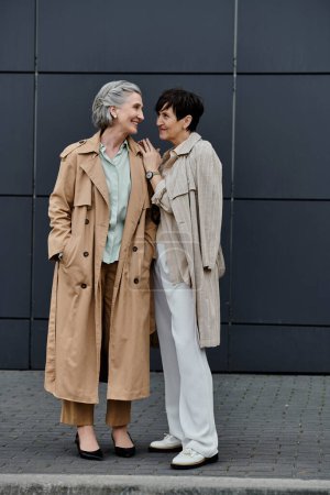 Two mature women in professional attire standing together in front of a modern building.