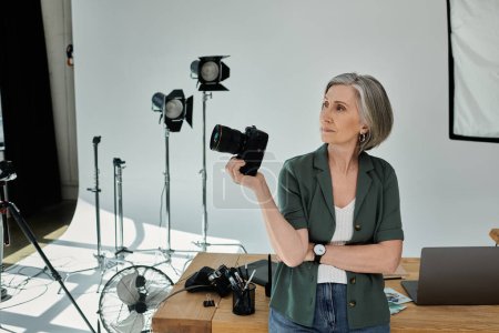 A middle-aged woman expertly holds a camera in a professional studio setting, focused and ready to capture the perfect shot.