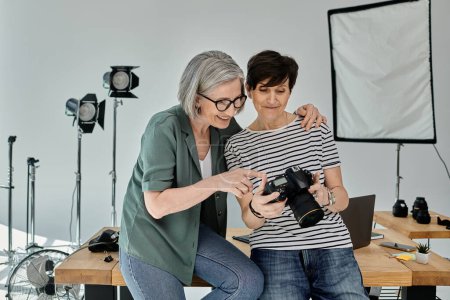 a heartwarming moment captured in a professional photo studio, lesbian couple