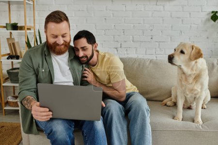 Un hombre barbudo y un perro labrador sentados juntos en un sofá, trabajando en un ordenador portátil en una acogedora sala de estar.