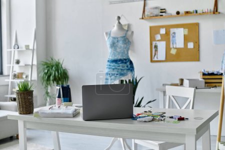 Ein weißer Schreibtisch in einem DIY-Kleiderrestaurierungsatelier mit Laptop, Schaufensterpuppe und diversem Werkzeug verstreut.